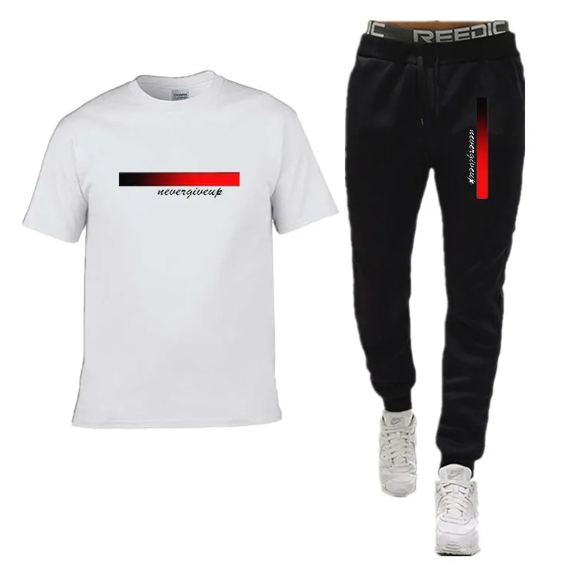 New men's fashionable letter gradient printed breathable T-shirt and drawstring pants set suitable for outdoor casual wear
