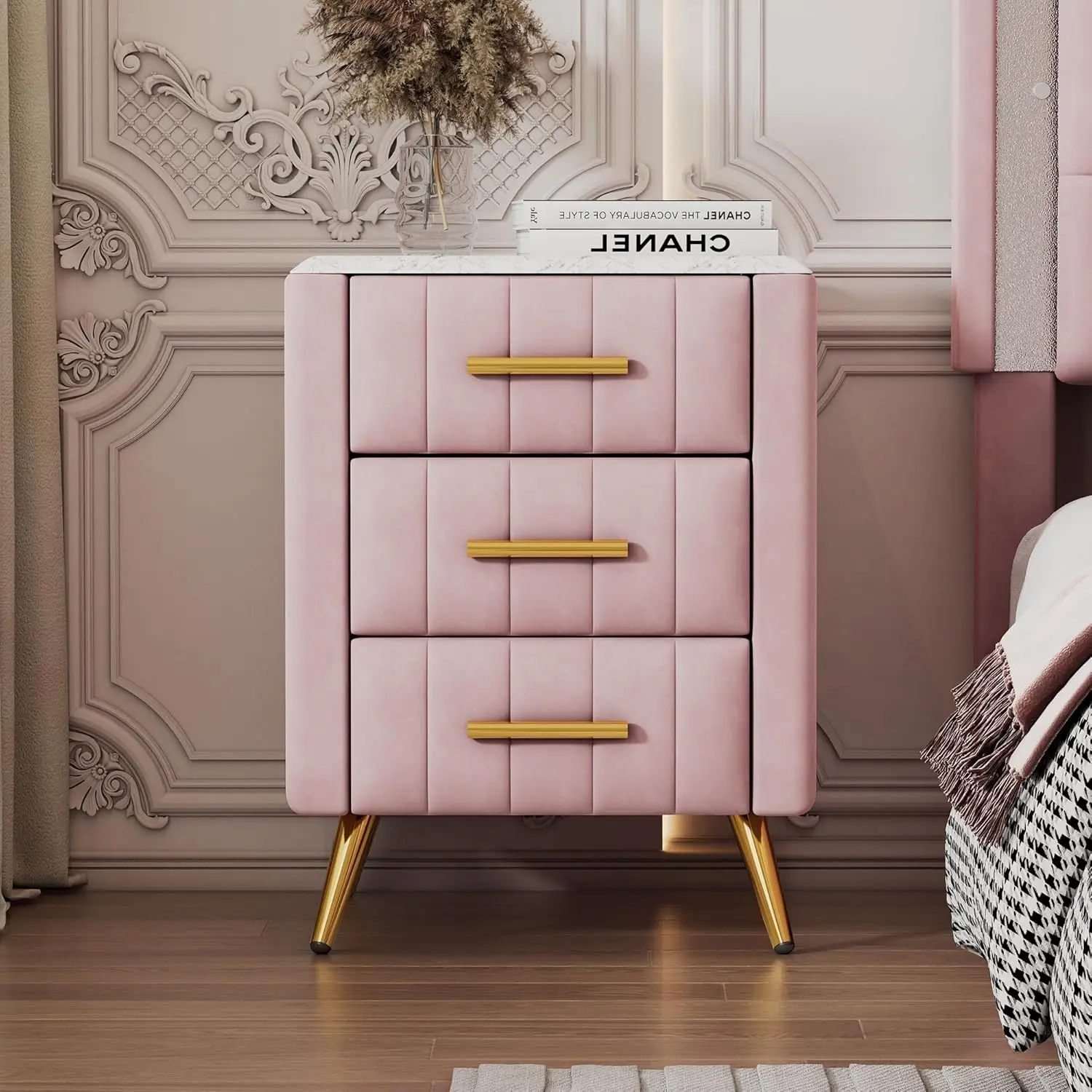 Padded Wooden Bedside Table with Three Drawers and Handles Pink Marble Countertop Children's Wood Polished