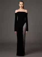 HIGH STREET Newest 2026 Designer Vestido Women's Diamonds Beaded Slash Neck Off The Shoulders Patchwork Gauze Long Maxi Dress