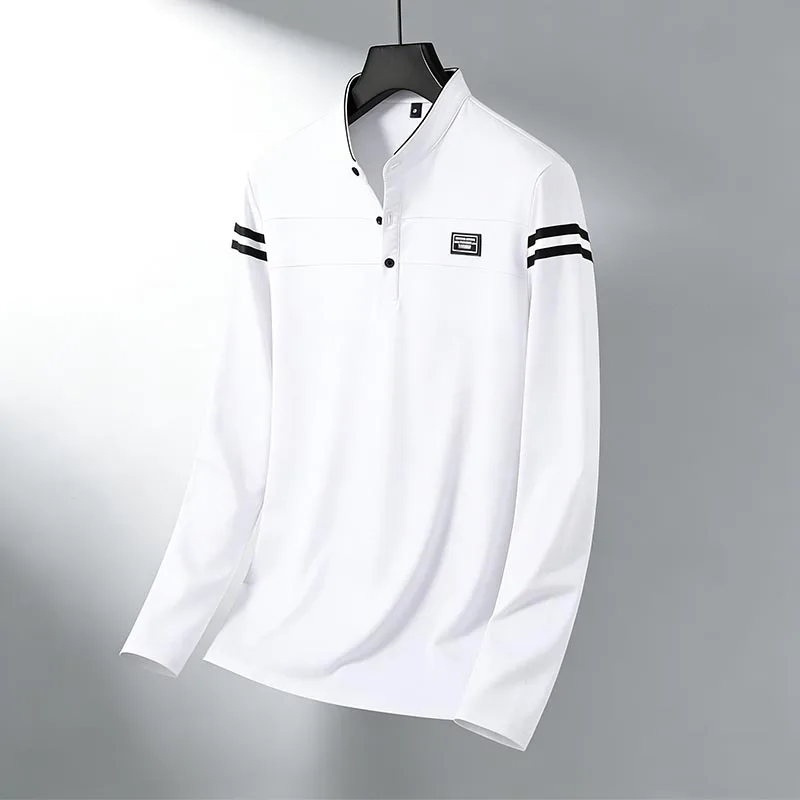 Herren Schwarzes Langarm-Poloshirt mit Stehkragen, Knopfleiste und Gestreiften Ärmeln für Alltägliche Freizeitkleidung – Detail 14