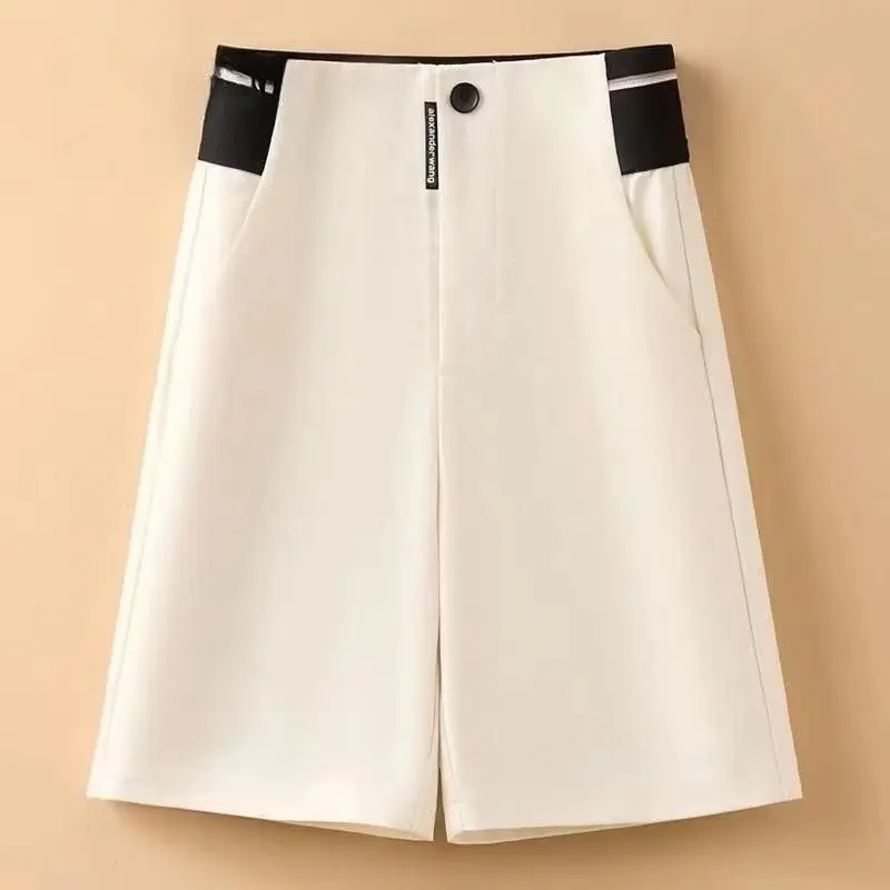 Summer New Fashion Thin Suit Shorts Women's Solid Ice Silk Zipper Button Pockets Casual High Waisted Loose Straight Split Pants