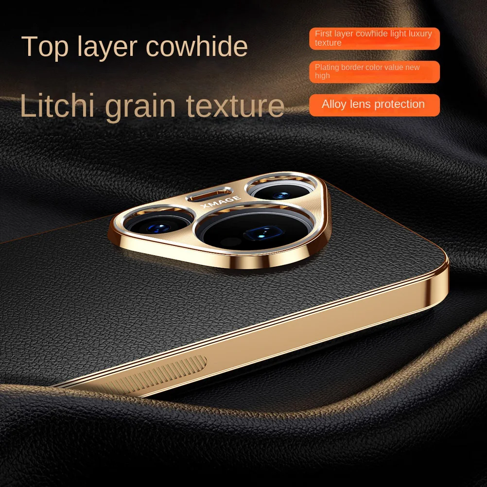 Cowhide Lychee Texture Electroplated Frame Phone Case