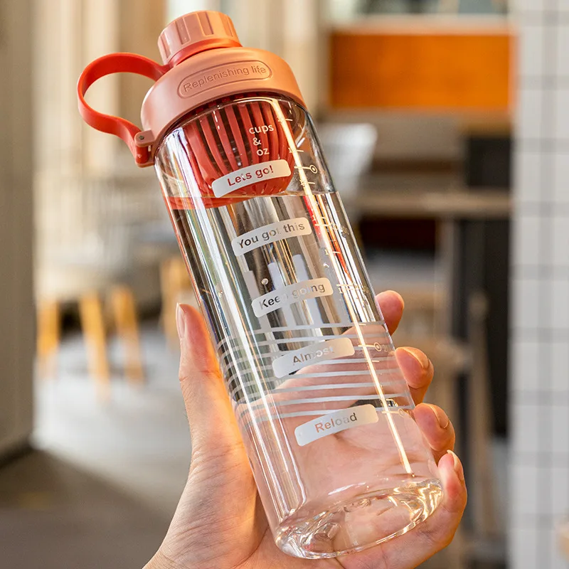 Large Capacity Water Bottle With Tea Divider Cup Plastic Water Cup Time Scale Frosted Outdoor Sports Gym Student Couple Girl