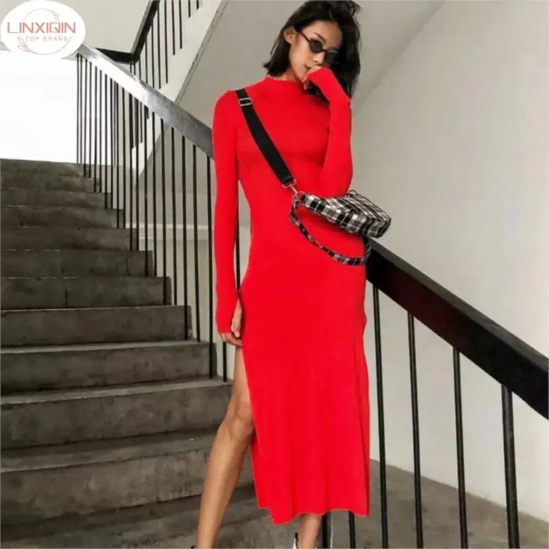 

Women's Dress Kintted Long-Sleeved 2024 New Sexy Round Neck Solid Stretch Long Dresses For Women Slit Female Midi Party Robe