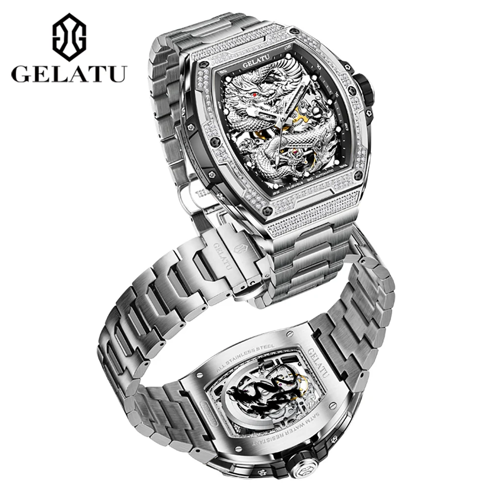 GELATU 6021 Men's Watch Fashion Automatic Mechanical Watch For Men Hollow Waterproof Luminous Dragon Dial Luxury Man Wristwatch