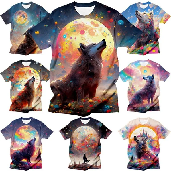 

Summer Fashion 3d Cool Wolf Printed T-shirt Casual Colorful Art Printed Short Sleeve Top