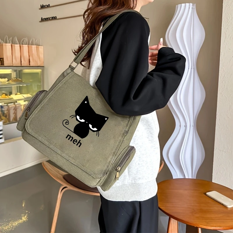 Funny Women's Bag Black Cat Print Canvas Shoulder Bag Multiple Pockets Students Crossbody Book Bag Commuting