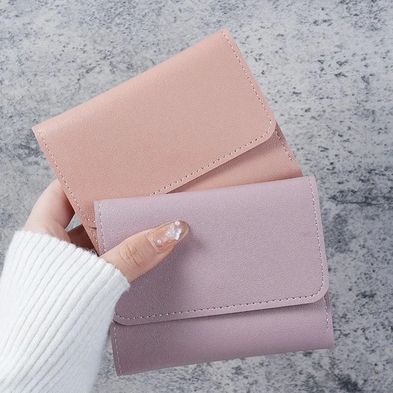 Portafoglio corto da donna alla moda, ultra sottile, triplo piega, superficie liscia, porta carte multifunzionale, clip per biglietti per studenti - immagine 3