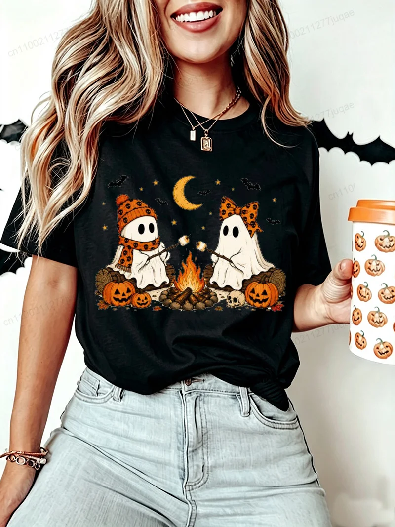 Damen Halloween-T-Shirt mit niedlichem Geister-Camping-Motiv, lässiges Kurzarm-Oberteil, Urlaubs-T-Shirt, Damenmode für den Alltag