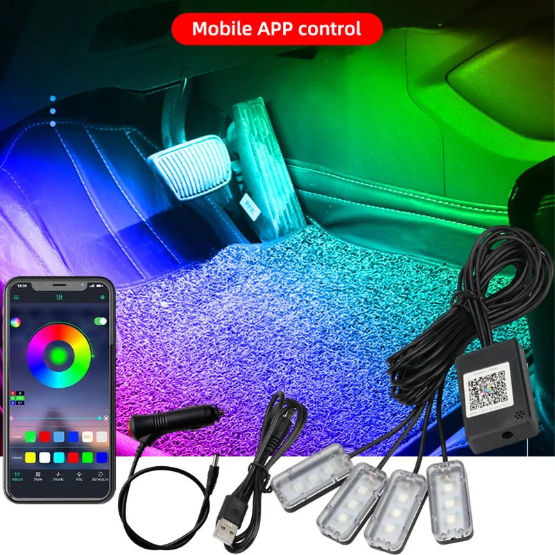 

Автомобильный светодиодный светильник для ног, USB, RGB-подсветильник ка, управление через приложение, несколько режимов, декоративная лампа для создания атмосферы в салоне автомобиля