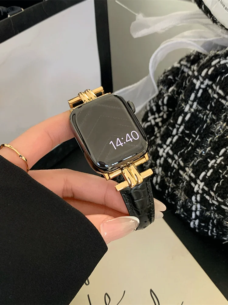 الفاخرة الذهب معدن حقيقية حلقة من جلد ل iWatch سلس...
