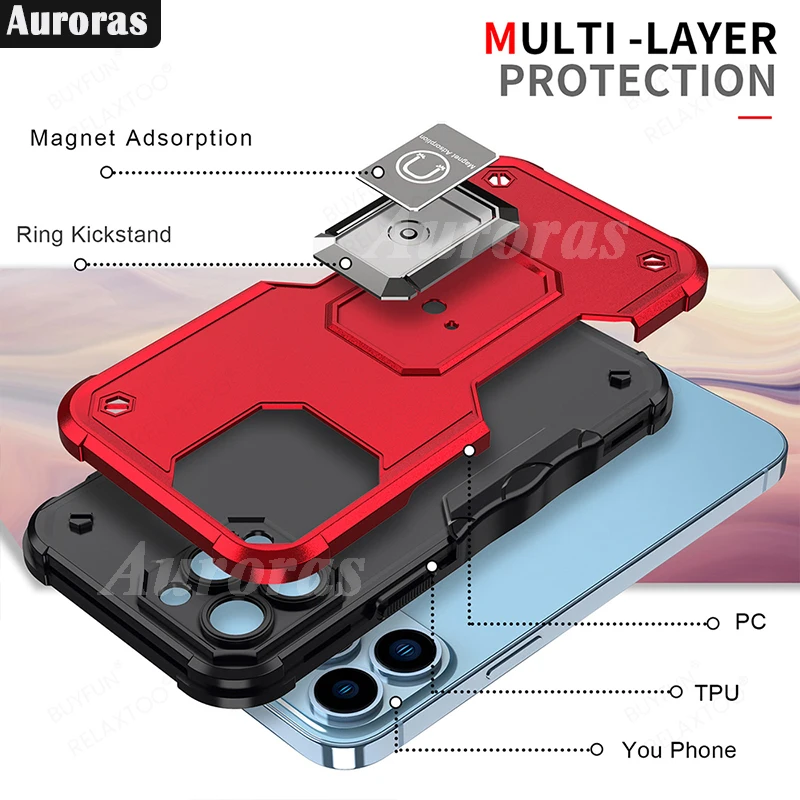 Auroras Pro Max Case Red Armor Metal Bracket Ring Silicone Frame Shell For iPhone 15 Plus Cover Fundas_voghion.com