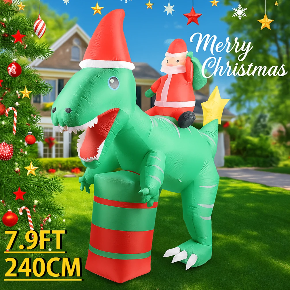 7.9FT Inflatable Toy Dinosaur Santa with LED Light Festive Christmas Gifts Xmas Inflatable Yard Decorations Christmas Supplies
