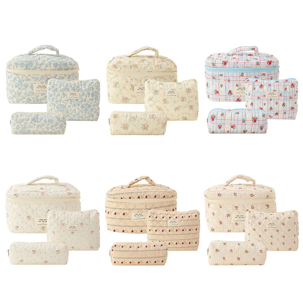 Cotton Quilted Makeup Bag Set for Women with Zipper Closure