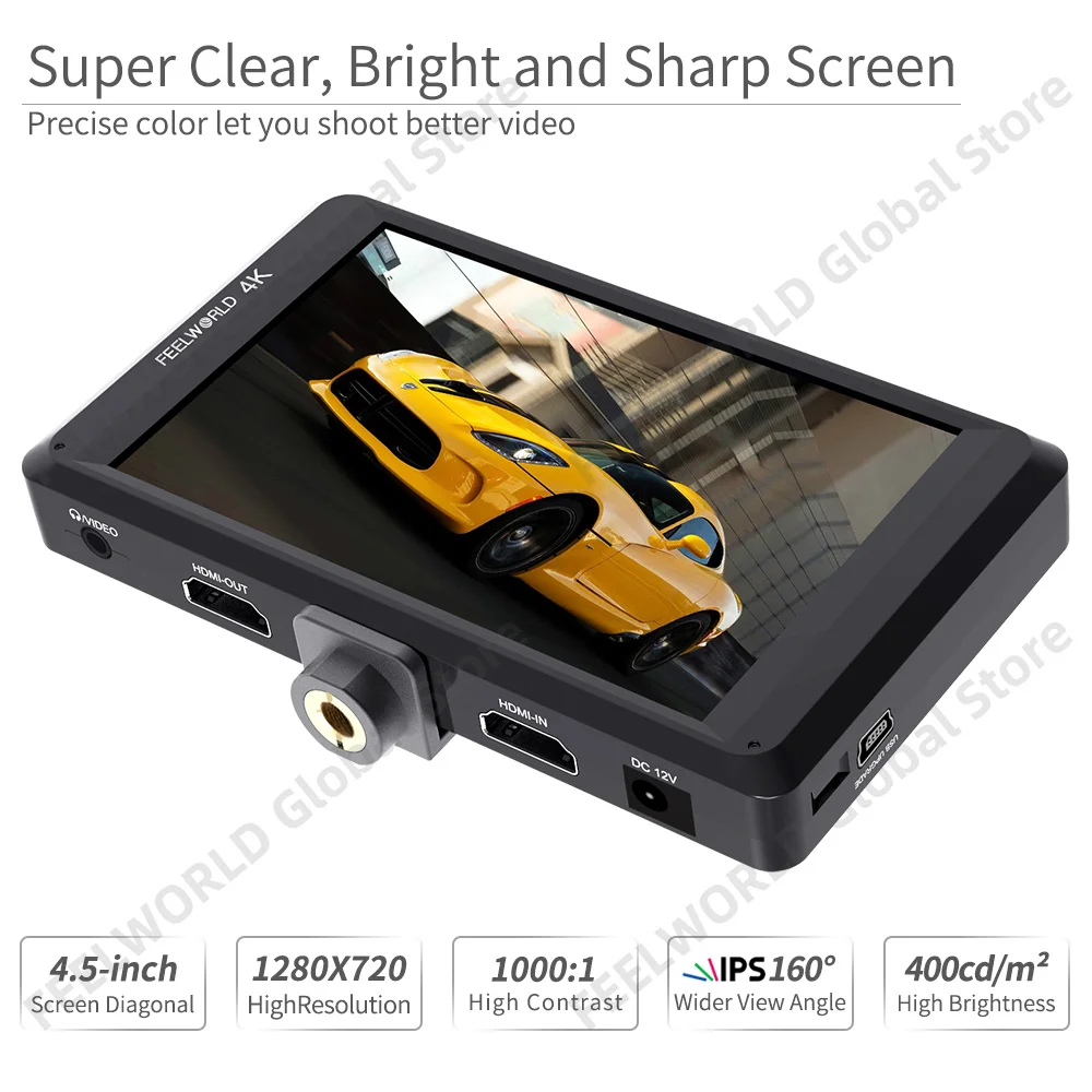 FEELWORLD FW450 4.5 Inch DSLR Camera Field Monitor HD Video Assist IPS 1280x720 4K HDMI Input Output with Sunshade