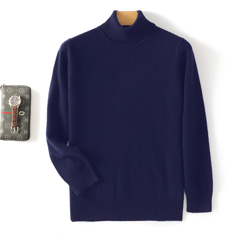 New autumn and winter 100% pure wool solid color men\'s turtleneck sweater loose long-sleeved knitted cashmere bottoming shirt