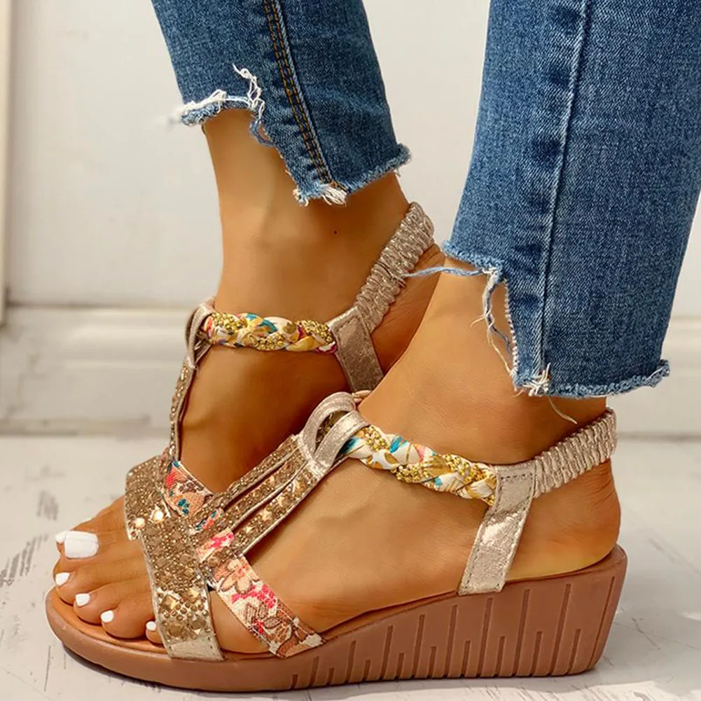 New Gladiator Wedge Heels Elastic Band Crystals Summer Women Shoes Woman Sandals Leisure Beach Sandals Large Size 35-43