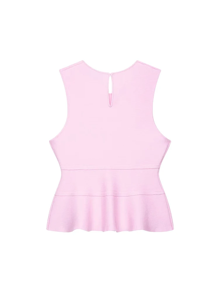 TFMLN Women French-style Bow Knit Top Round-neck Sleeveless Summer Fashion Slim-fit Elegant A Line Hem Lady Pink Tank Top