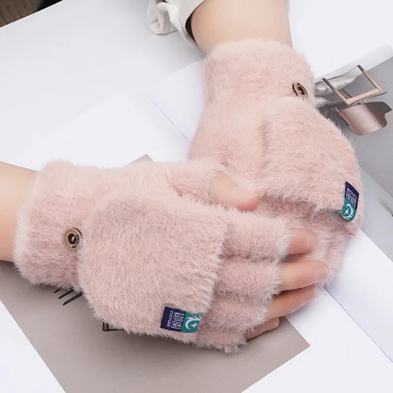 Plush Fingerless Gloves Female Winter Mitten Soft Warm Student Women Flip Gloves Outdoor Write Thickened Cold Protection