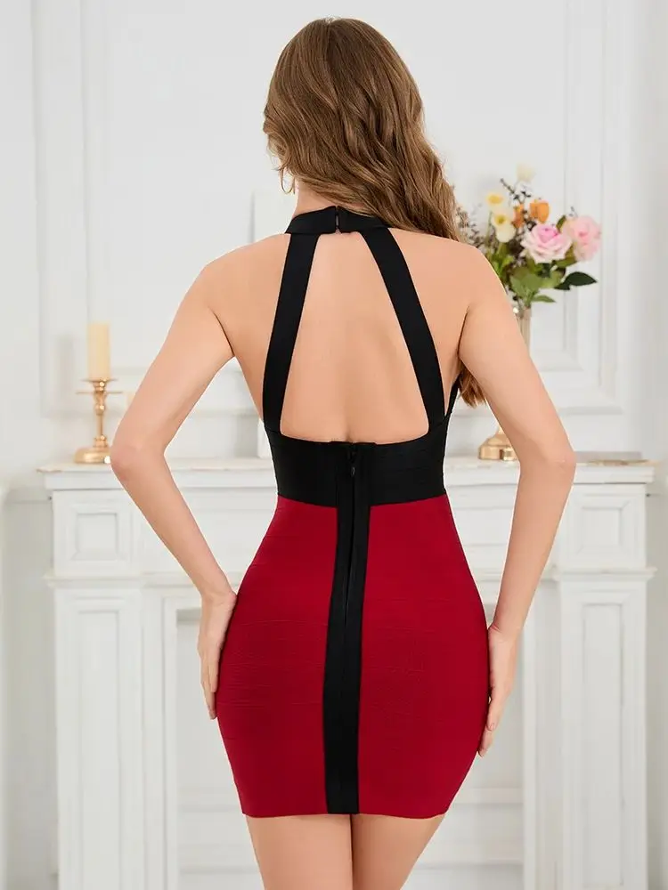 BEAUKEY 2025 New Halter Black Red Evening Bandage Dress V Bustier Contrast  Slim Bodycon Dress Women Party Club Sexy Chic Dresses - AliExpress 200000345