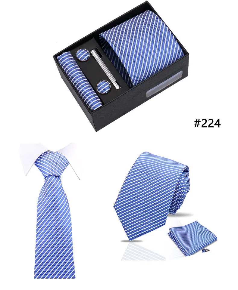 Top Quality Tie Set Gift Box Necktie Pocket Squares Cufflinks Tie-Clip Set With Black Box Men Birthday Gift Gravatas Accessories