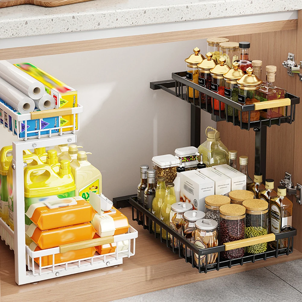 2-stufiger Organizer unter der Spüle, Schiebeschrank, Korb, Aufbewahrungsregal, ausziehbare Veredelung, Gewürze, Badezimmer, Küche, Organizer – Detail 2