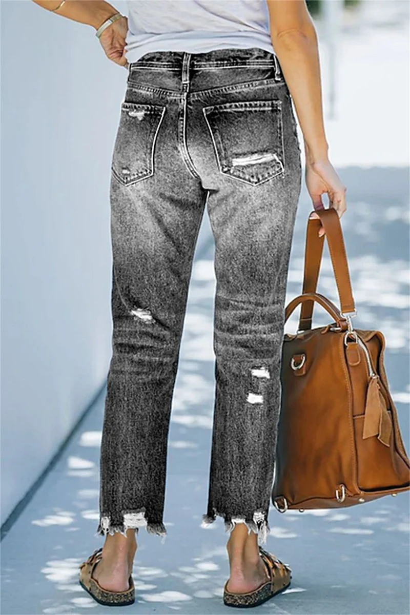 High Waist Broken Holes Straight Jeans Women Solid Color Denim Pants Female New Comfortable Casual Trousers Washable Streetwear