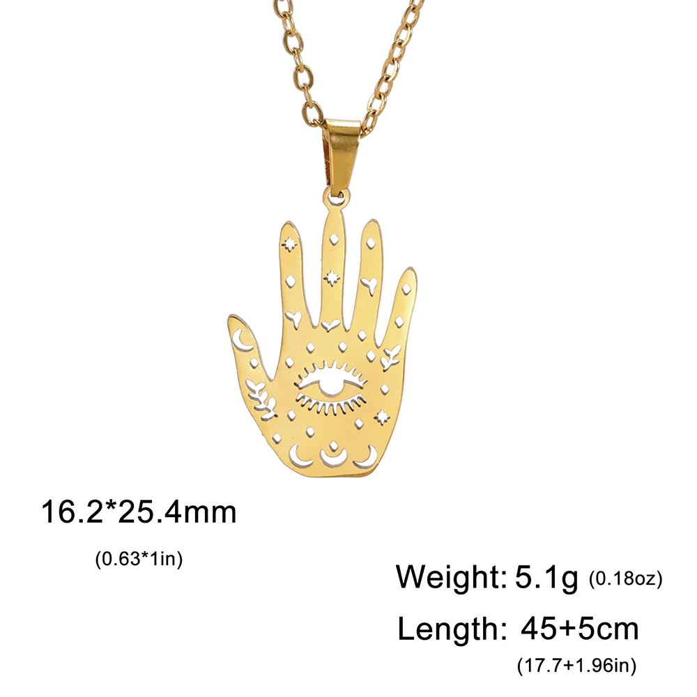 Dawapara Palmistry Hand Pendant Third Eye Necklace Mystical Celestial Symbols Protection Amulet Stainless Steel Jewelry