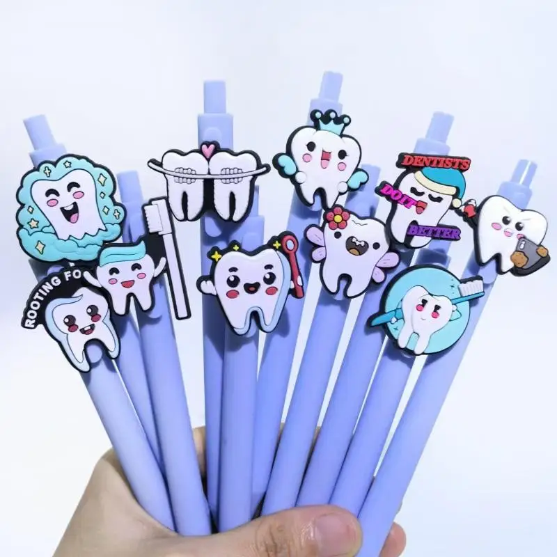 ● 10Pcs 블루 시리즈 개폐식 젤 펜 치과 의사 치아 테마 소프트 젤 펜 스마일 치아 시리즈 볼펜 학생 문구