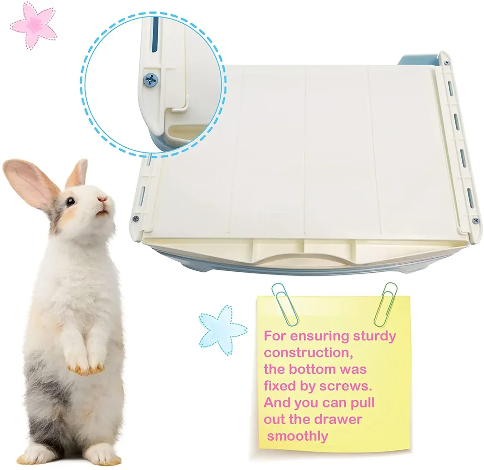 PINVNBY Rabbit Corner Litter Box With Drawer – Small Animal Potty For Cage, Includes Bowls & Broom, For Rabbits, Guinea Pigs, Chinchillas