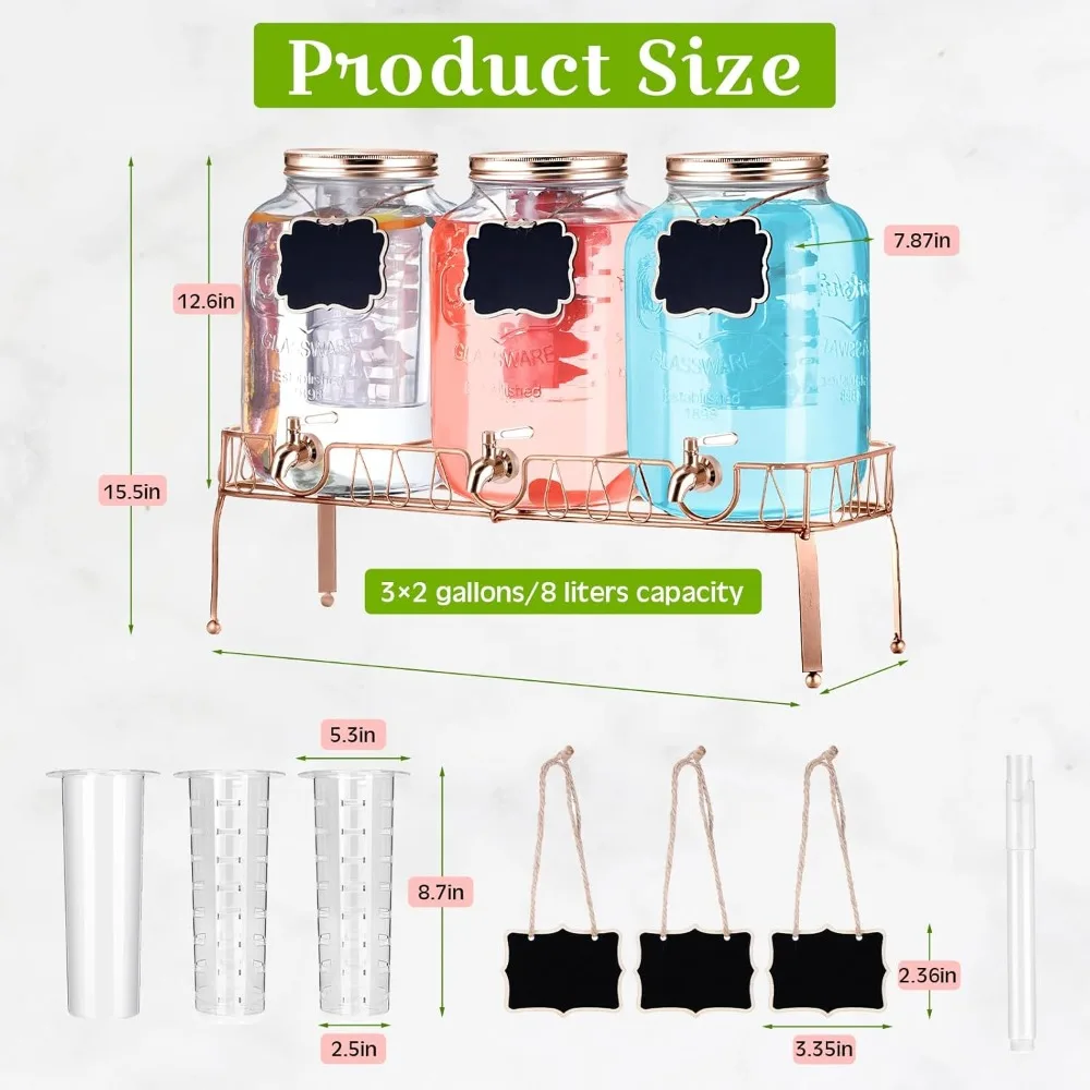3 pcs 2 gallon glass drink dispenser with stand and lid mason jar beverage dispenser with stainless steel spigot, hanging chalk