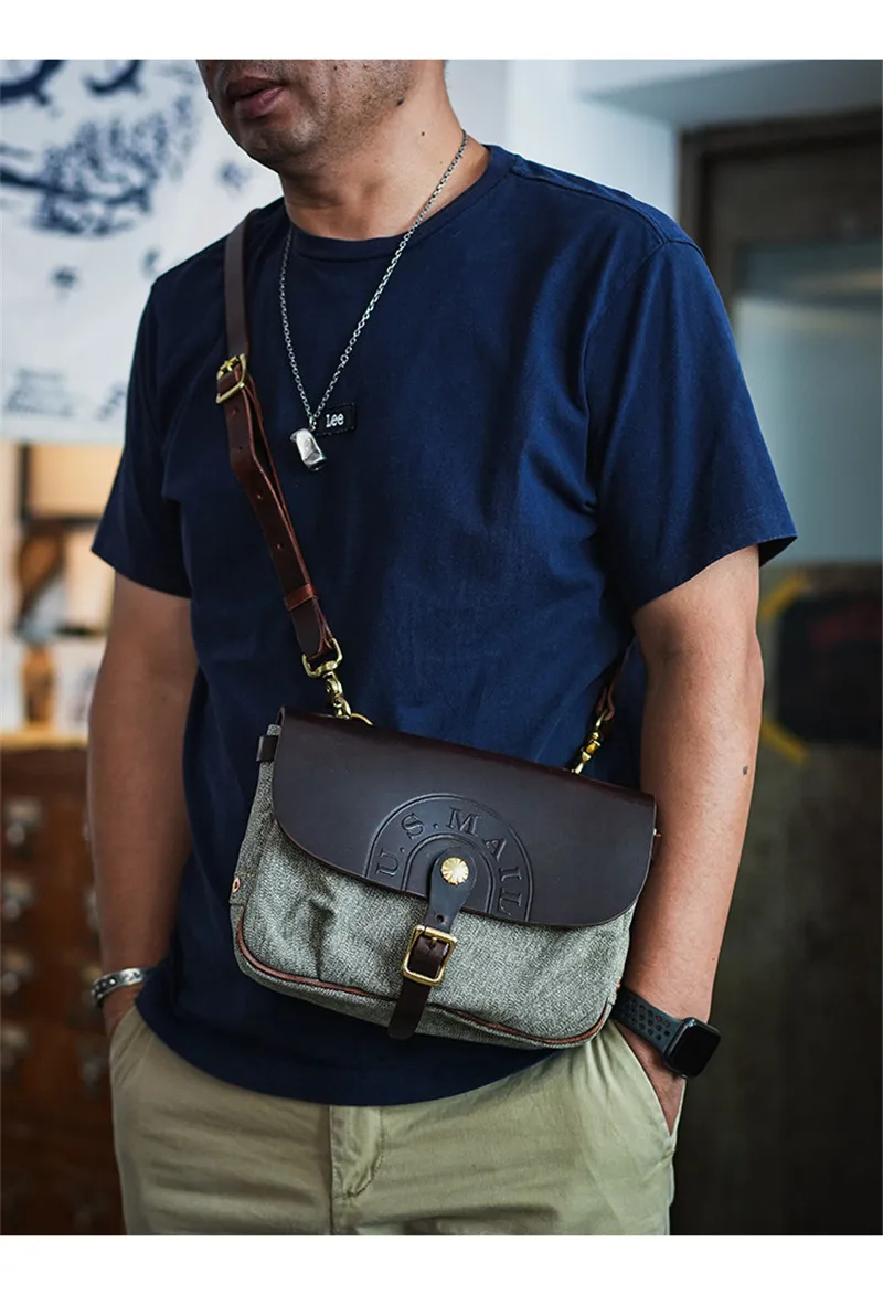 Mode vintage hohe qualität leinwand echtem leder männer umhängetasche lässig designer luxury real rind schulter crossbody-tasche – Detail 5
