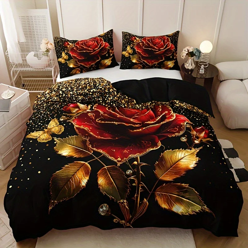 3pcs Luxurious Golden Rose Duvet Cover Set - Includes 1 Duvet Cover & 2 Pillowcases, Breathable Polyester