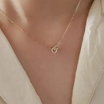 Christmas Gift 925 Sterling Silver Double Ring Zircon Necklace With Simple Temperament Geometric Collarbone Chain Party Jewelry
