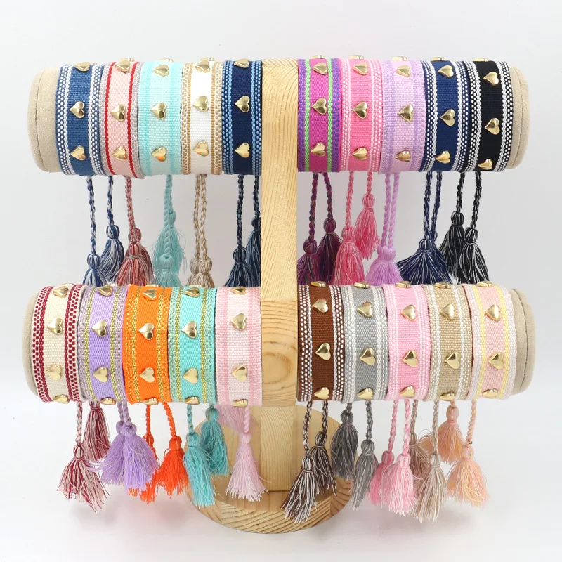 

12PCS, Heart Braided Friendship Bracelets Cotton Fabric Charm Adjustable Tassel Rope Bangle for Women Girls Lovers Jewellery