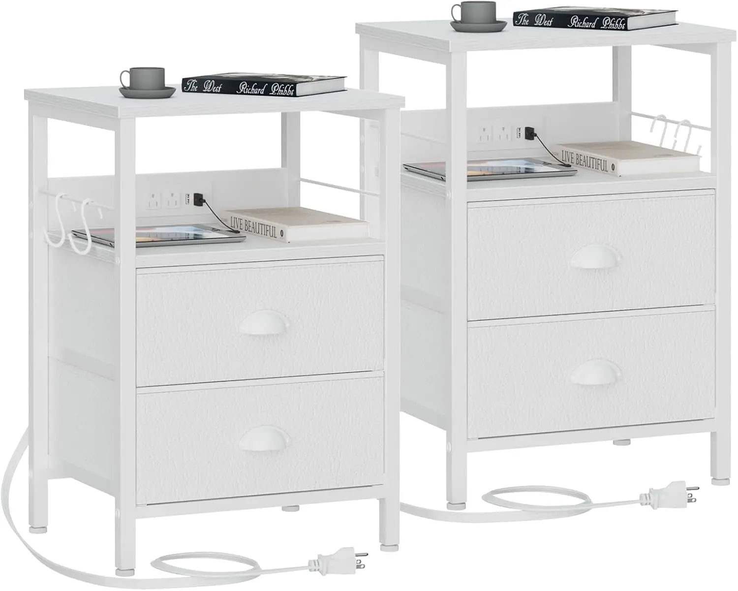 Nightstands Set of 2, End Tables with Charging Station and USB Ports, Side Tables with 2 Fabric Drawers, Night Stands
