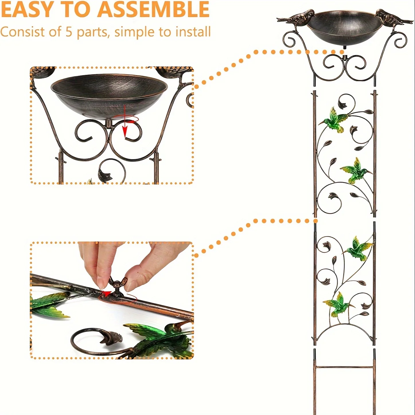40in Bird Bath for Climbing Plants Outdoor with Garden Trellis with Decorative Butterflies Free Standing Detachable