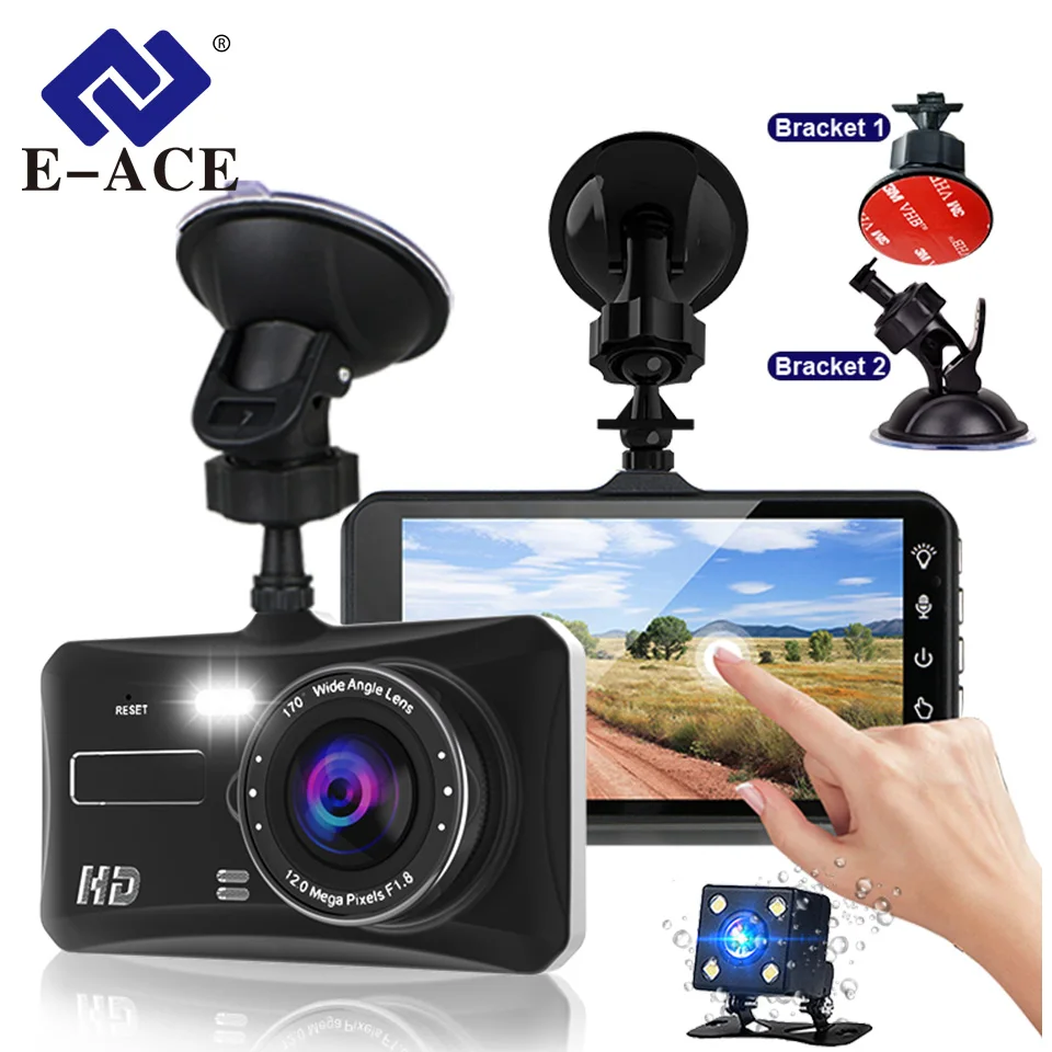 E-ACE 4IN Dash Cam Front And Rear Camera CAR DVR Car Video Recorder Vehicle Black Box FULL HD 1080P Night Vision Driver Recorder