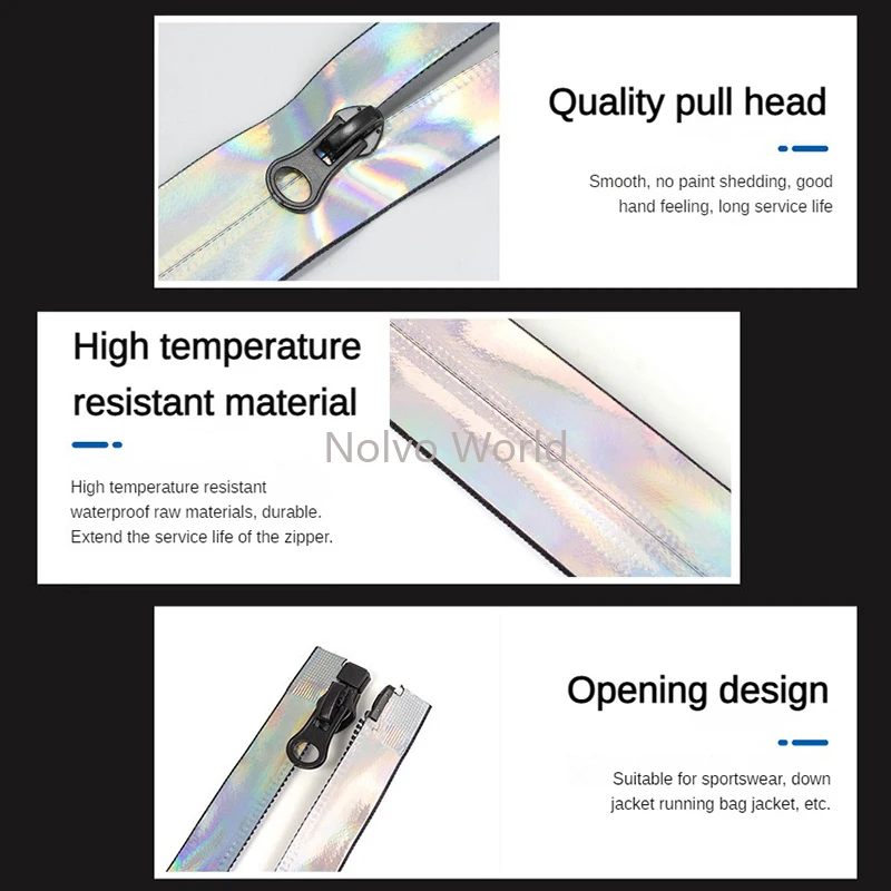 5PCS 40-100CM 5# Close-End Open-End Waterproof Nylon Zipper For Bag Cloth Reflective Laser Decor Zip Sewing Material Accessories