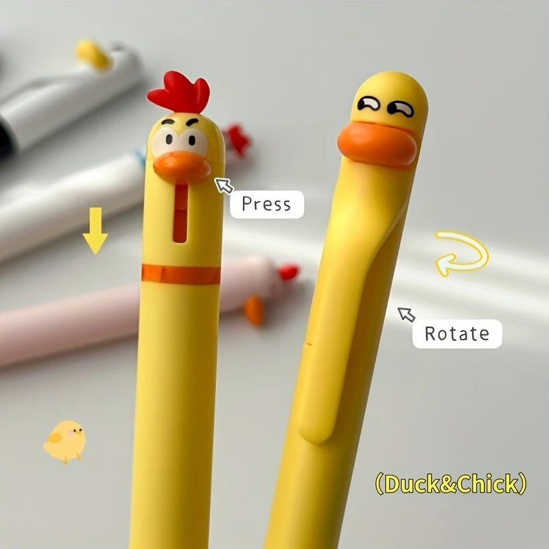 8pcs Creative Chicken and Duck Shaped Gel Pens 0.5Mm Writing Pens Chick Push Pen Duck Rotating PenStress Relief Office Black Pen