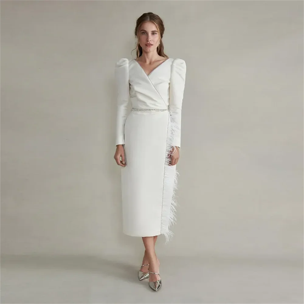 

2024 new Straight Tea Length Mother of the Bride Dresses V Neck Long Sleeve Feather Ruched Satin Evening Gowns