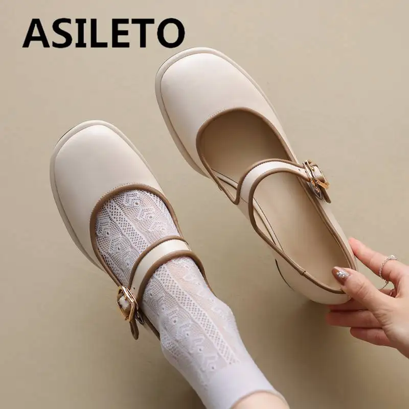 

Женские туфли-лодочки ASILETO из натуральной кожи с круглым носком на массивном каблуке 5 см ремешок с пряжкой Смешанная женская обувь для свиданий Элегантный Большой размер 40