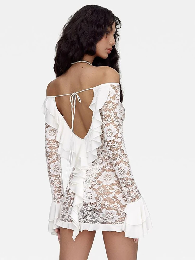 Fantoye Sexy See Through Lace Women Dress White Off Shoulder Flare Sleeve Dress Female Spring Slim Elegant Party Streetwear 2025