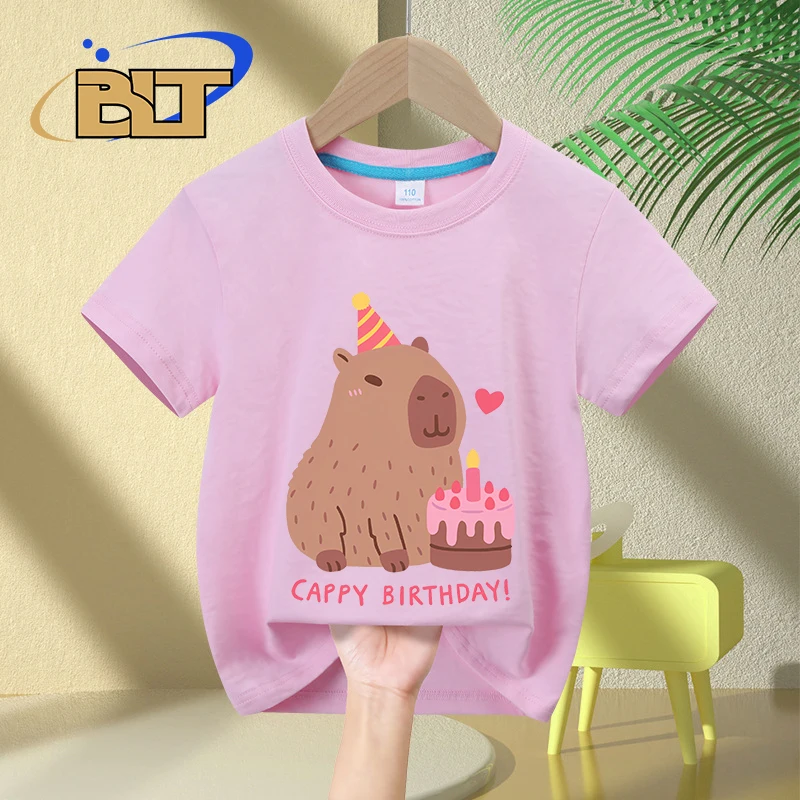 

Cute Capybara And Cake, Happy Cappy Birthday printed kids T-shirt summer pure cotton short sleeves for boys and girls
