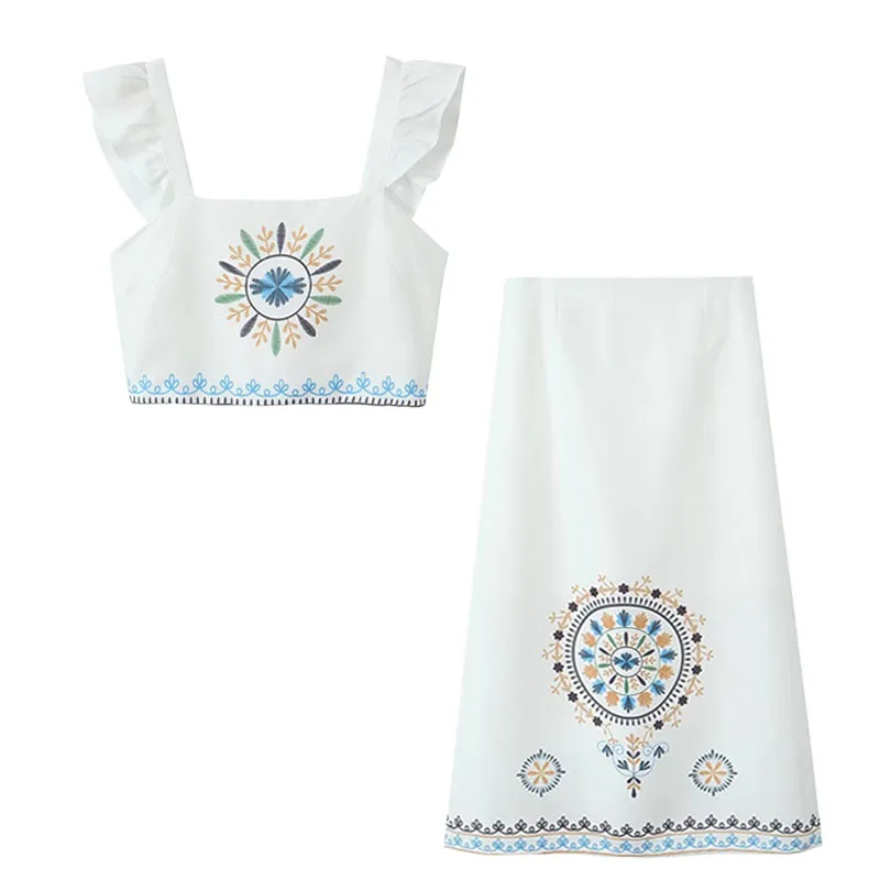 HH TRAF 2024 Conjuntos de mujer Top sin mangas con cuello cuadrado y estampado blanco + Faldas largas con abertura en la cintura alta y cremallera Trajes de verano para mujer a la moda