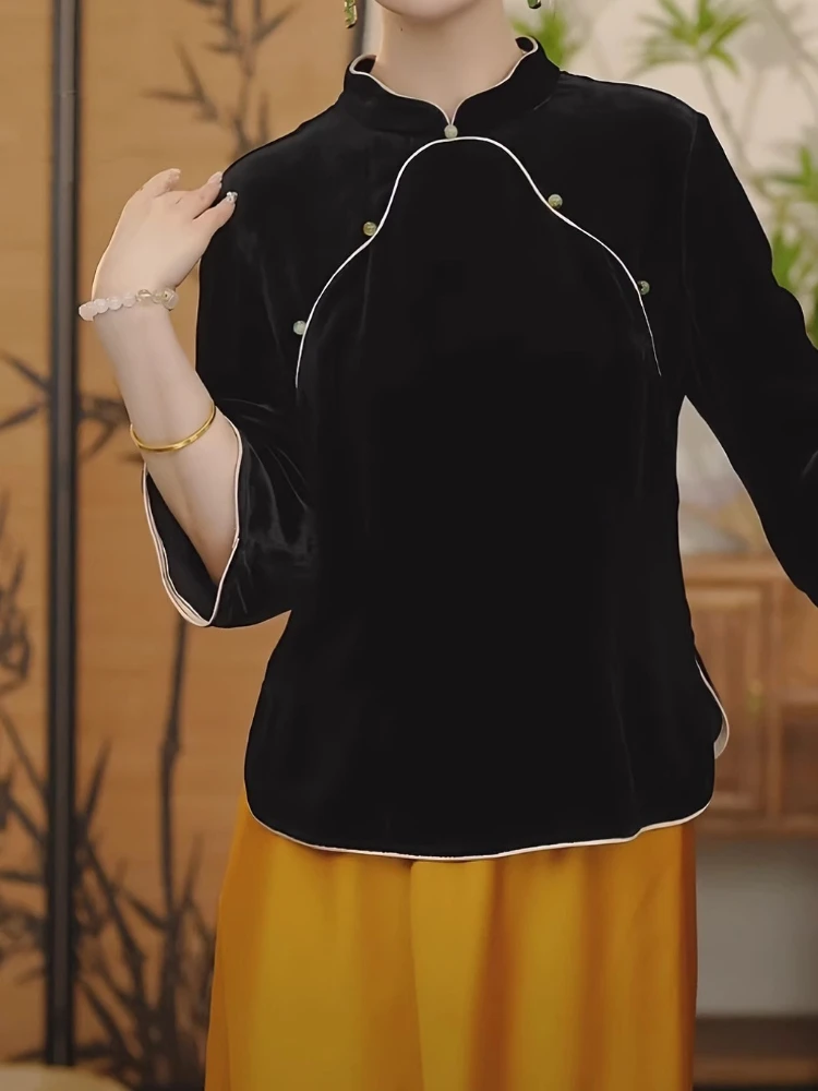 トップス teloplan Tomi China Blouse / Black Chinese Style Women Casual Long Sleeve Cheongsam collar T
