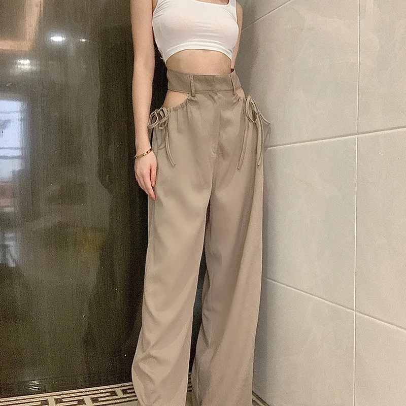 plus size clothing Meqeiss high waist hollow out tassel Straight pants 2020 female fashion  street casual wear harajuku Khaki cargo pants women capri jeans