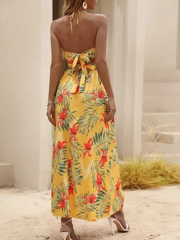 Print Halter Neck Slit Dresses Women Sexy Deep V-neck Hollow Out Backless Bowknot Leace-up Long Dress Female Streetwear Vestidos 14 undefined