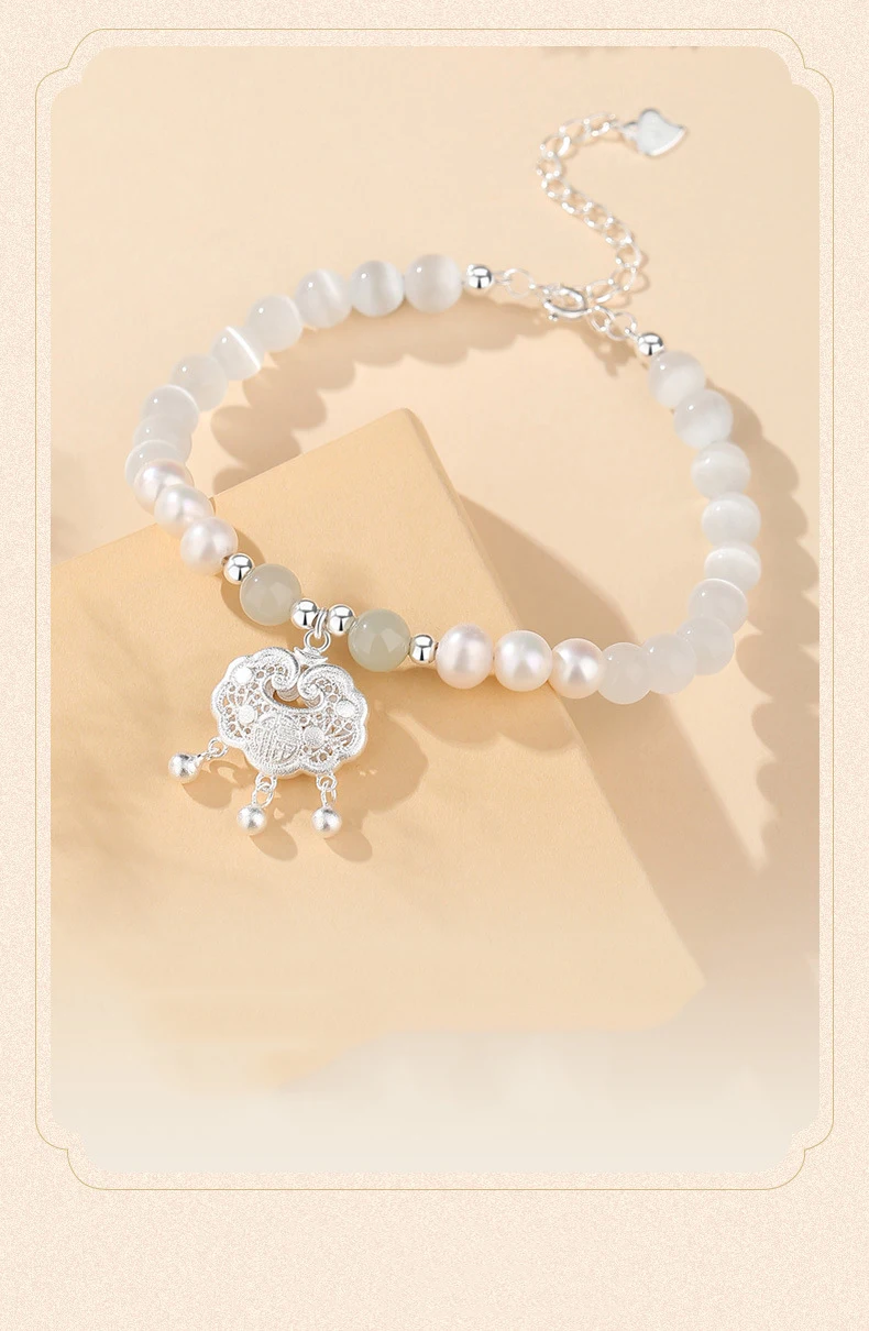 Katzenauge-Stein und Süßwasserperle, reine 925-Nadel, Peace-Lock-Armband für Frauen, hochwertiges, handgefertigtes Perlenarmband für Damen – Detail 8
