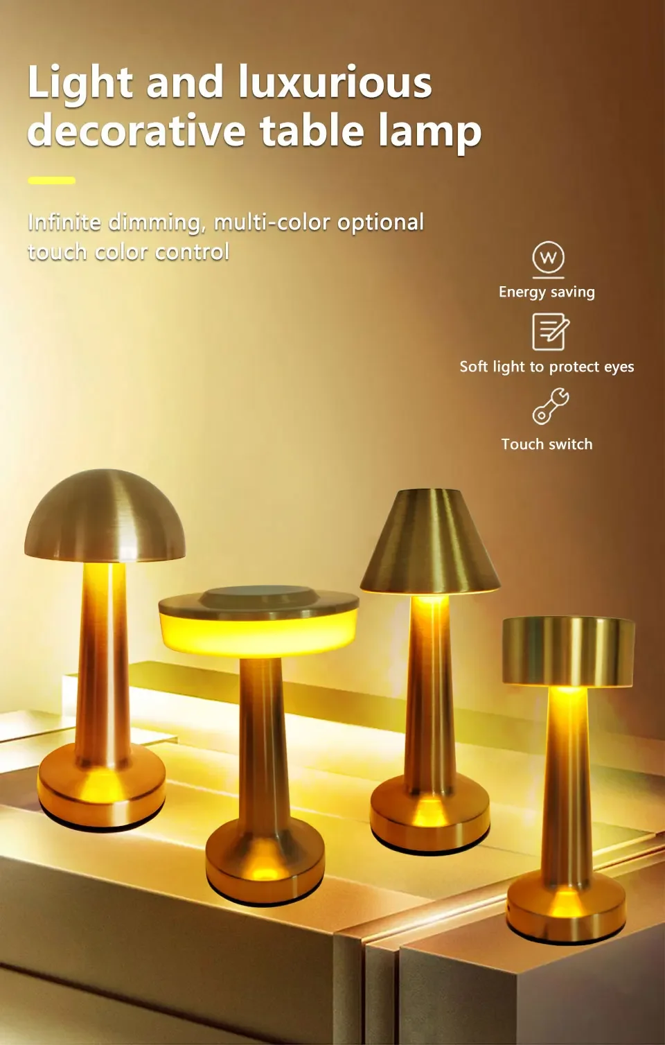 Description Picture 2 of itemCordless LED Table Lamp Rechargeable 3 Colors Stepless Dimming Portable Desk Lamps Bedside Office Study Bedroom Reading Light